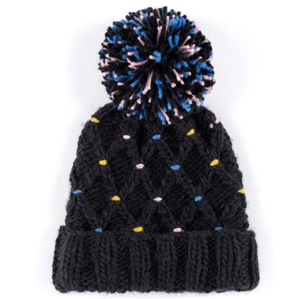 BNWT! Shiraleah, Lisle Winter Knit Hat, Black w Large Multi Pom 🖤🩷💛🩵